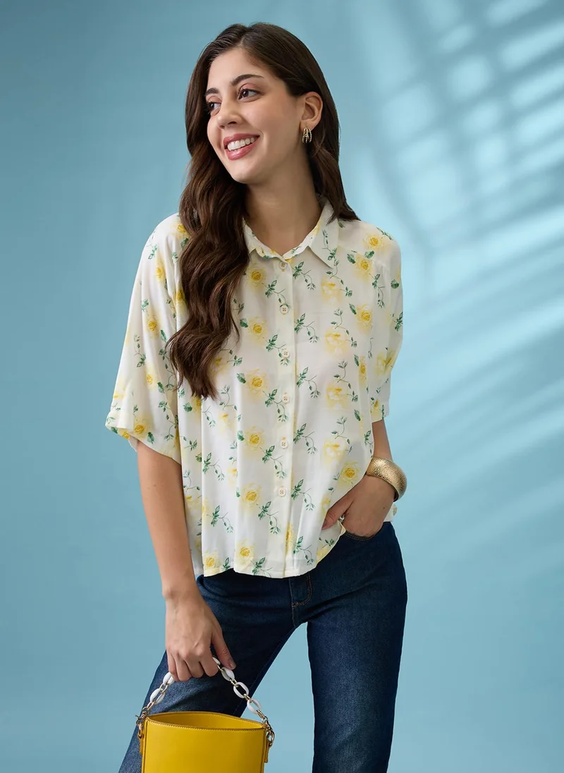 globus Globus Women Off White Floral Print Collared Neck Short Sleeves Shirt